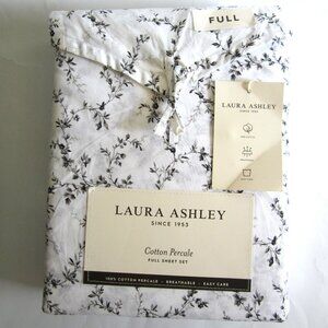 Laura Ashley Cotton Percale Black Grey Floral Flowers Full Sheet Set